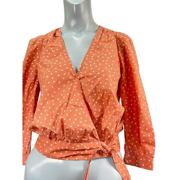 Madewell Women's XS Star Print Peach/ Pink 3/4 Sleeve‎ Tie Waist Wrap Top Preown - Picture 2 of 7